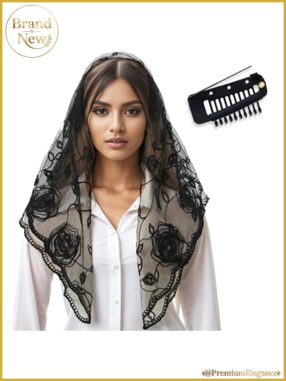 Black Floral Chapel Veil Lace Prayer Shawl Mantilla with Clip Set